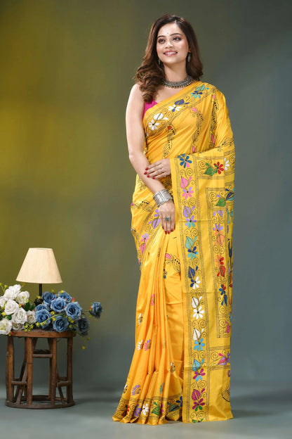 Mustard yellow lotus motif silk kantha saree vibrant yellow saree adorned intricate 6