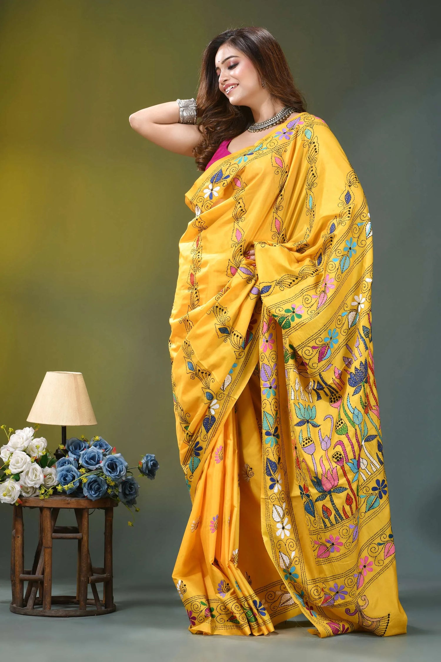 Mustard yellow lotus motif silk kantha saree vibrant yellow silk saree adorned 5