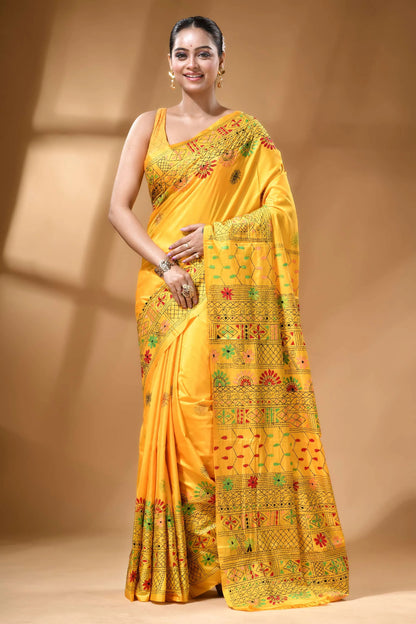 Mustard yellow multithread geometric motif ethnic silk lambani saree vibrant yellow saree intricate floral 6