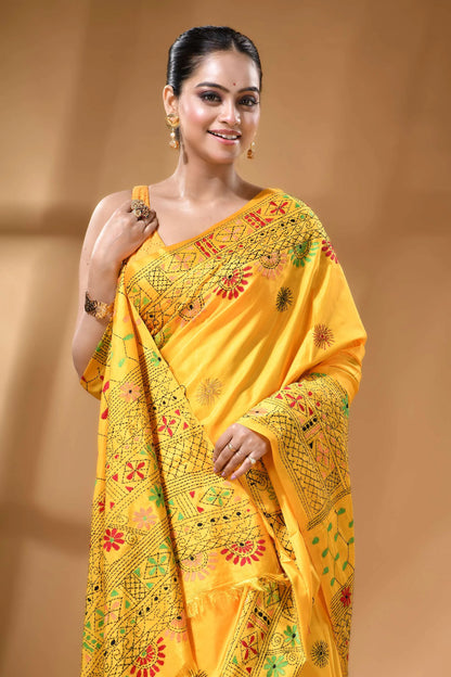 Mustard yellow multithread geometric motif ethnic silk lambani saree vibrant yellow saree adorned intricate 2