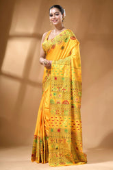 Mustard yellow multithread geometric motif ethnic silk lambani saree vibrant yellow saree adorned intricate 3