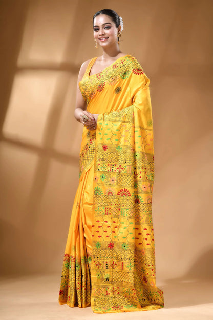 Mustard yellow multithread geometric motif ethnic silk lambani saree vibrant yellow saree adorned intricate 3