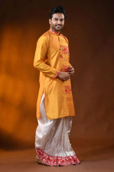 Mustard yellow red cotton silk jamdani kurta for men with ethnic design 3