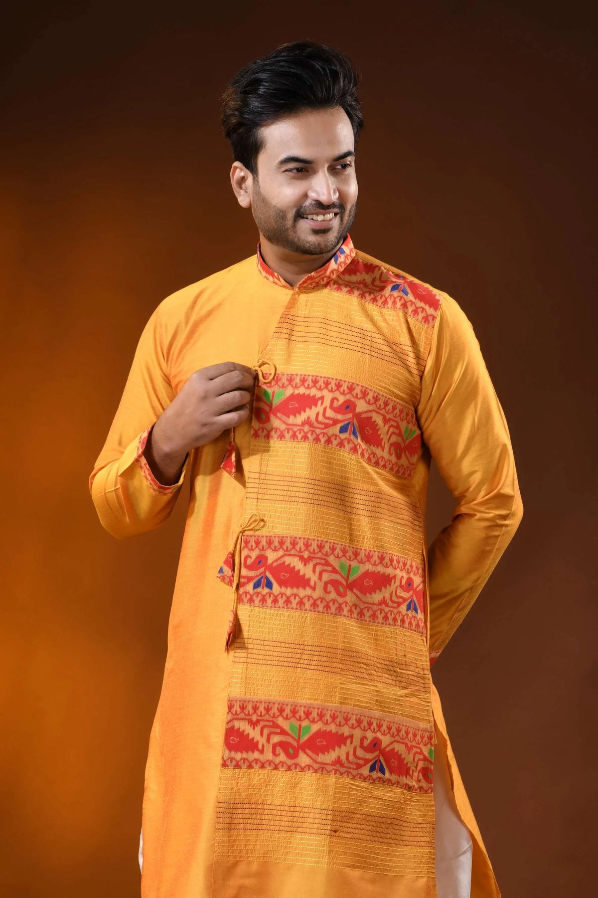 Mustard yellow red cotton silk jamdani kurta for men with ethnic design 2