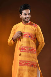 Mustard yellow red cotton silk jamdani kurta for men with ethnic design 2