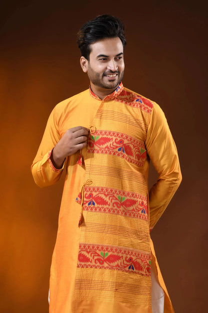 Mustard yellow red cotton silk jamdani kurta for men with ethnic design 2