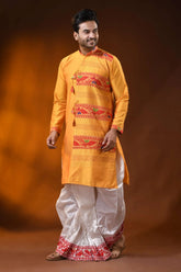 Mustard yellow red cotton silk jamdani kurta for men with ethnic design 4