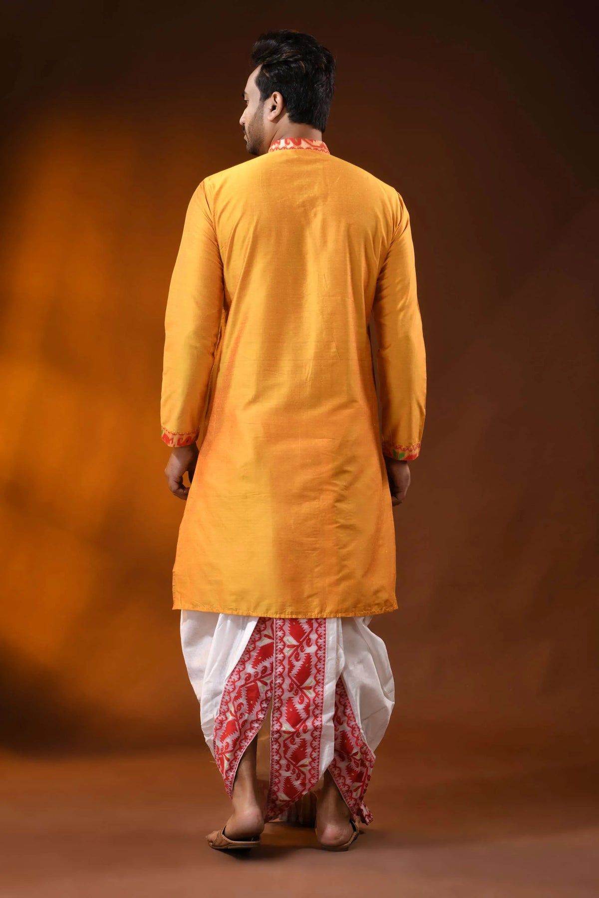 Mustard yellow red cotton silk jamdani kurta for men with ethnic design 5