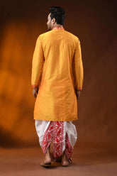 Mustard yellow red cotton silk jamdani kurta for men with ethnic design 5