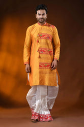 Mustard yellow red cotton silk jamdani kurta for men with ethnic design 1