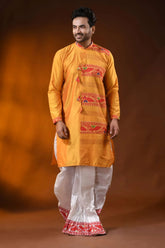 Mustard yellow red cotton silk jamdani kurta for men with ethnic design 6
