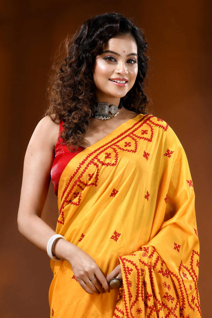 Mustard yellow silk gujarati stitch saree with hand embroidered ethnic motif 2