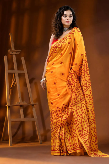 Mustard yellow silk gujarati stitch saree with hand embroidered ethnic motif 4