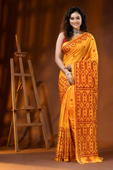 Mustard yellow silk gujarati stitch saree with hand embroidered ethnic motif 6