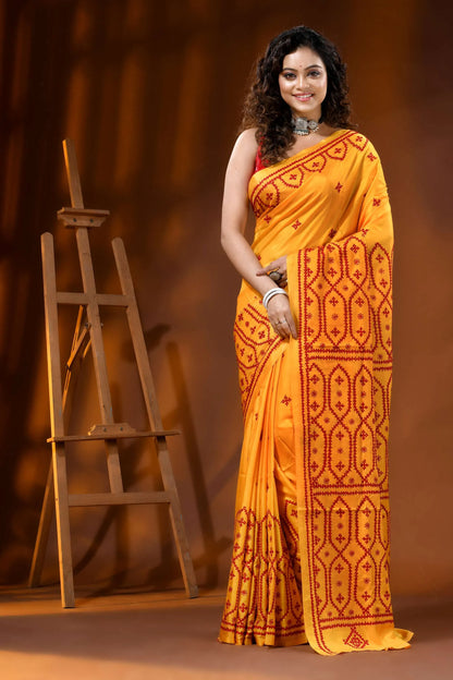 Mustard yellow silk gujarati stitch saree with hand embroidered ethnic motif 6