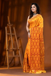 Mustard yellow silk gujarati stitch saree with hand embroidered ethnic motif 3
