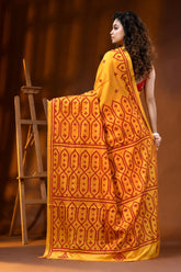 Mustard yellow silk gujarati stitch saree with hand embroidered ethnic motif 5
