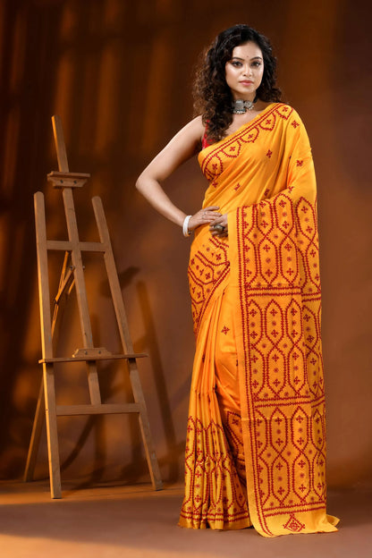 Mustard yellow silk gujarati stitch saree with hand embroidered ethnic motif 1