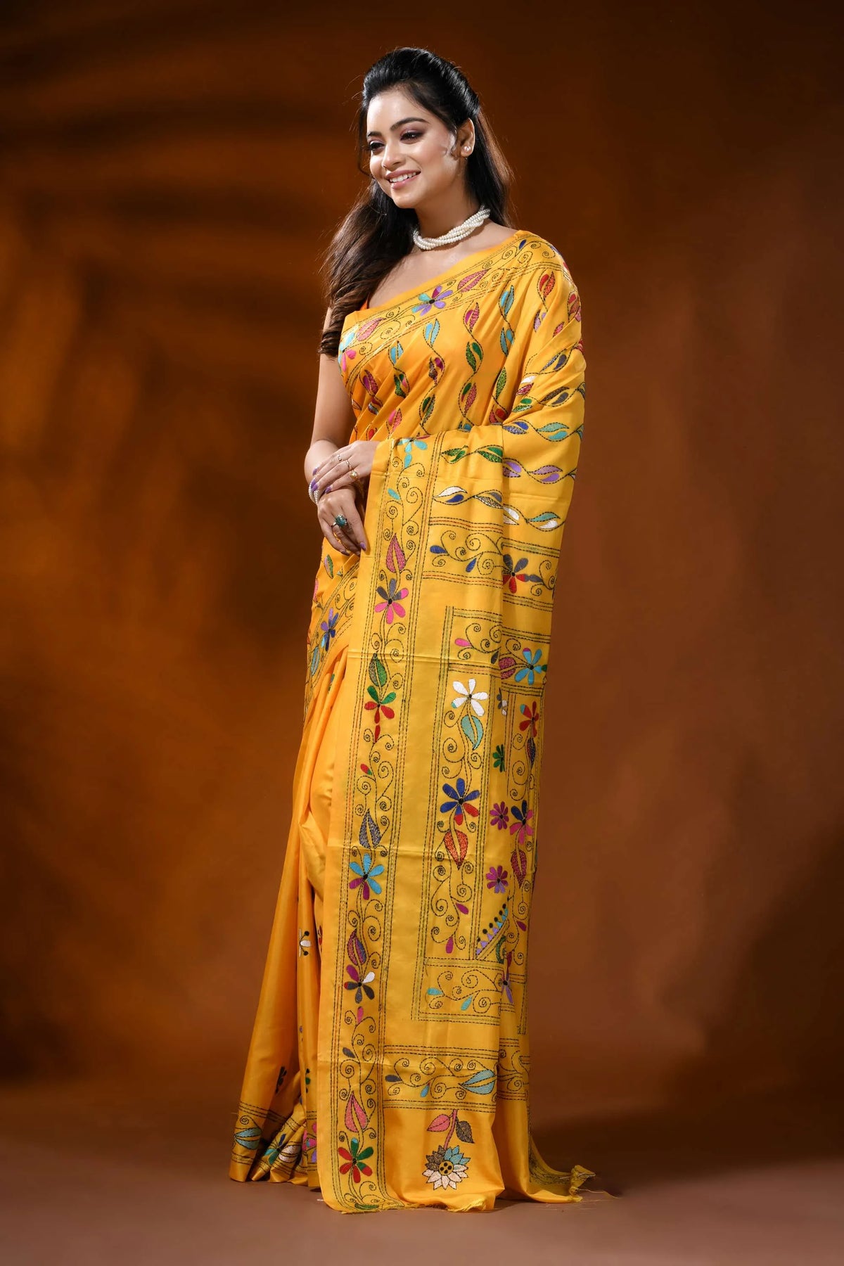 Mustard yellow silk kantha stitch saree with floral ethnic design 3
