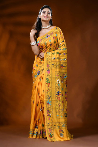 Mustard yellow silk kantha stitch saree with floral ethnic design 6