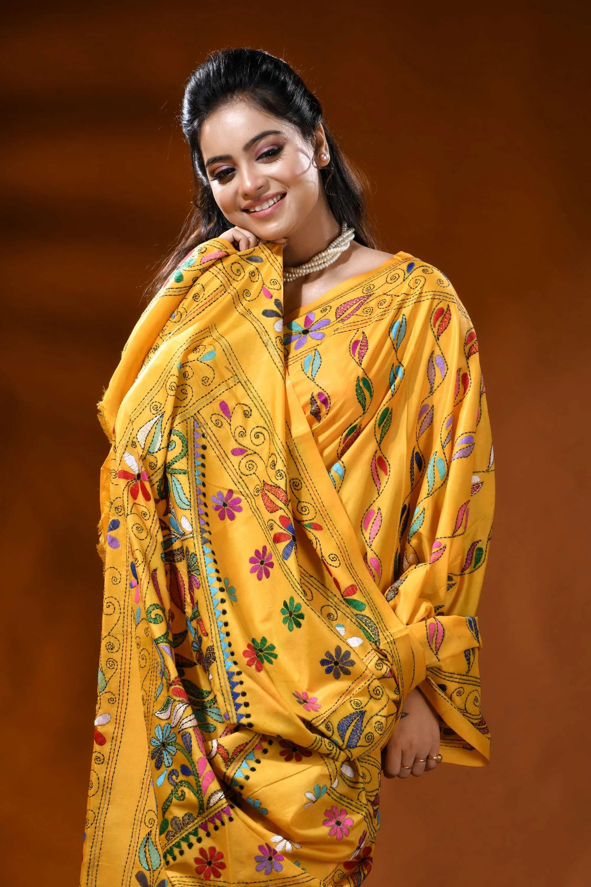 Mustard yellow silk kantha stitch saree with floral ethnic design 2