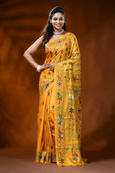 Mustard yellow silk kantha stitch saree with floral ethnic design 1