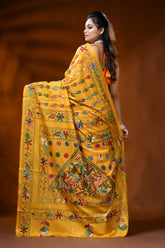 Mustard yellow silk kantha stitch saree with floral ethnic design 5