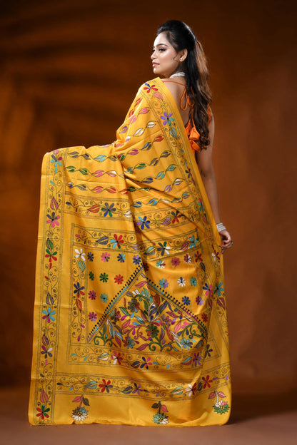 Mustard yellow silk kantha stitch saree with floral ethnic design 5