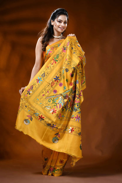 Mustard yellow silk kantha stitch saree with floral ethnic design 4