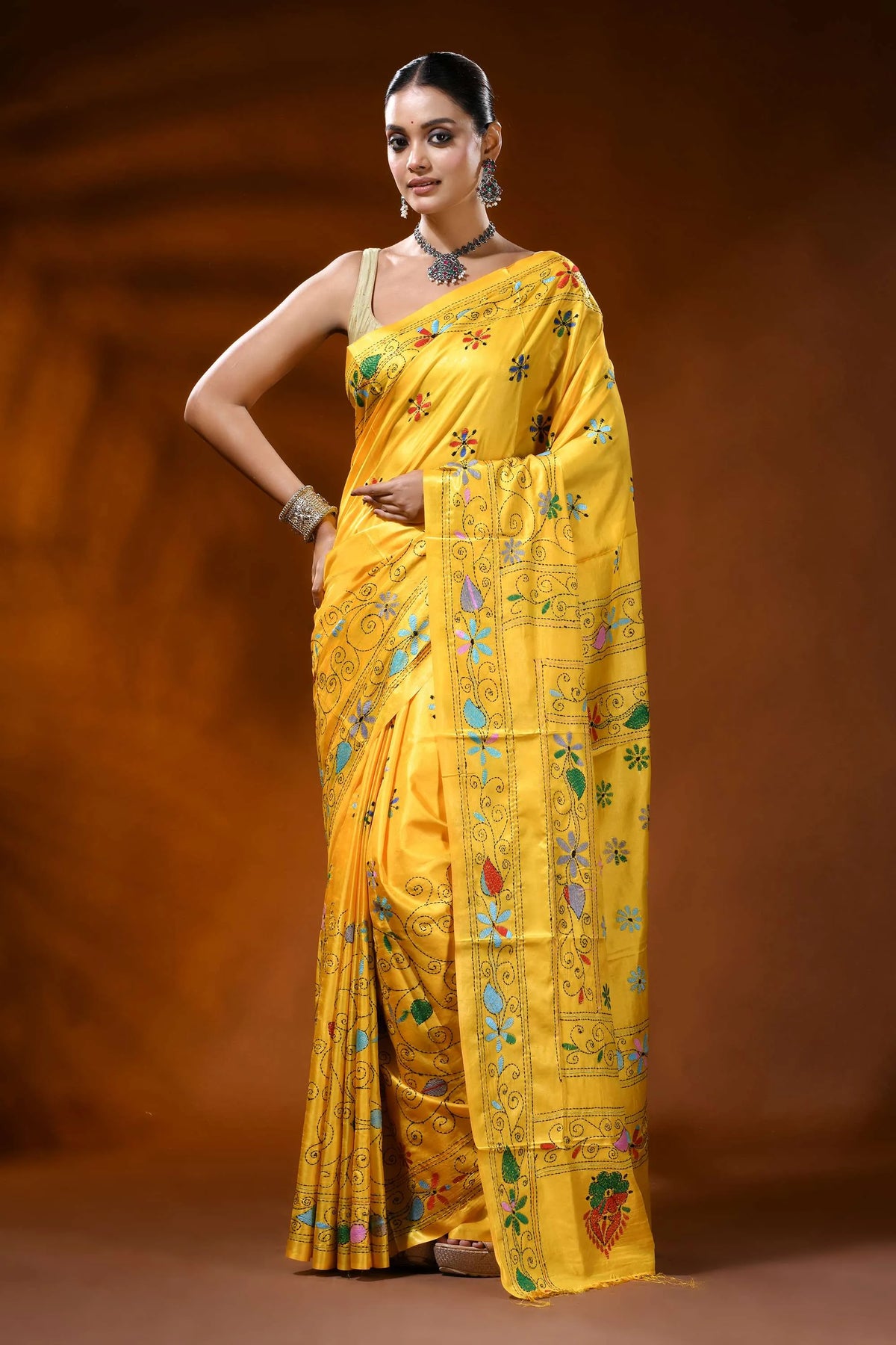 Mustard yellow silk kantha stitch saree with handmade paisley design 1