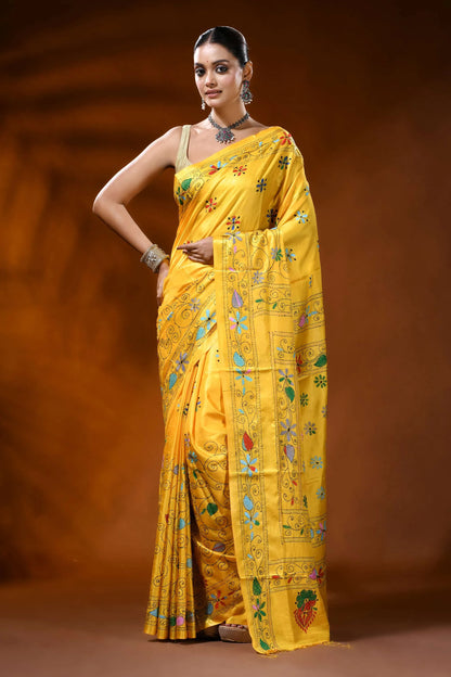 Mustard yellow silk kantha stitch saree with handmade paisley design 1