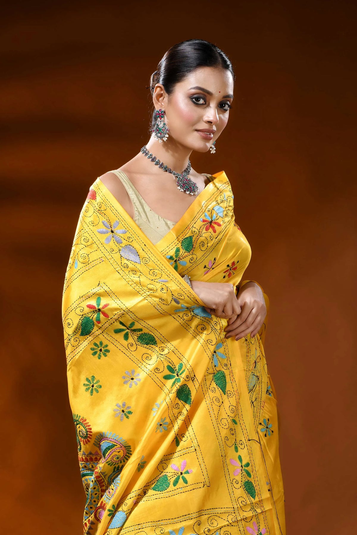Mustard yellow silk kantha stitch saree with handmade paisley design 2