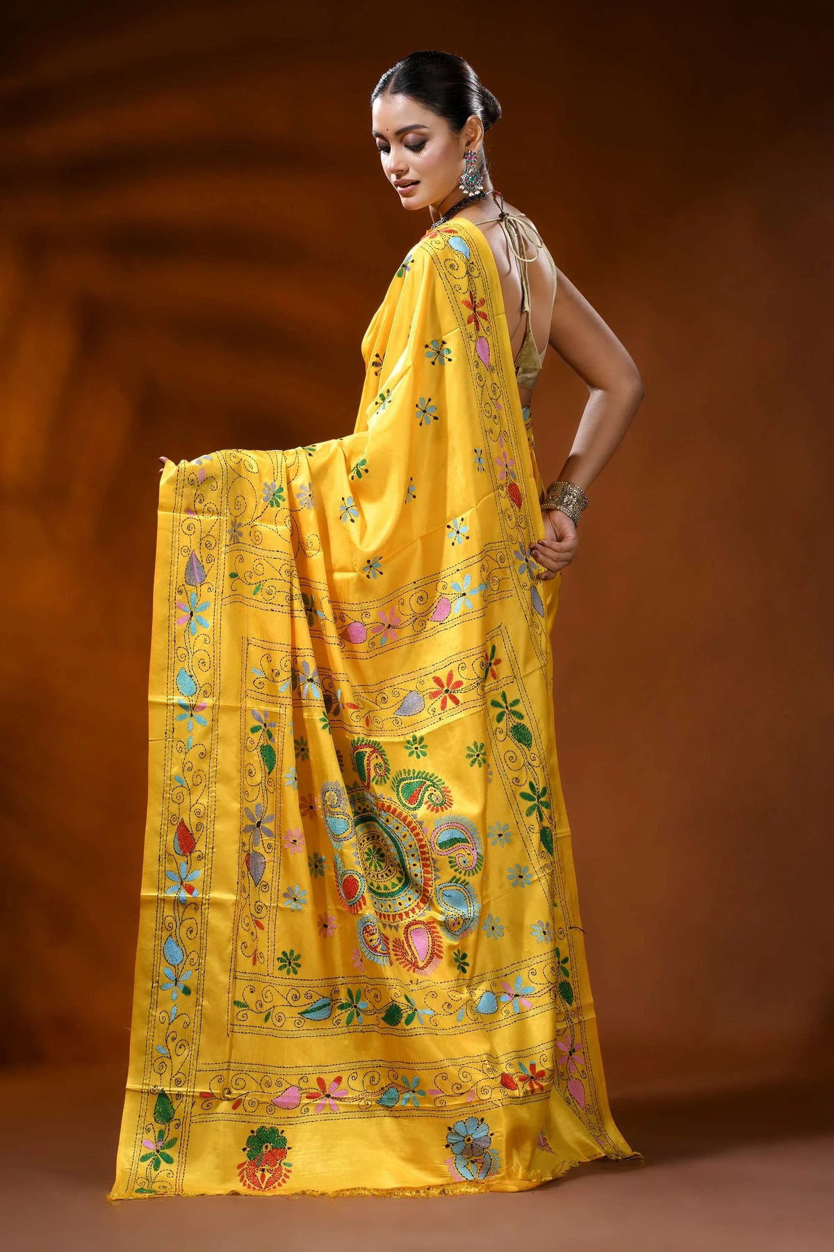 Mustard yellow silk kantha stitch saree with handmade paisley design 5