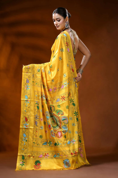 Mustard yellow silk kantha stitch saree with handmade paisley design 5