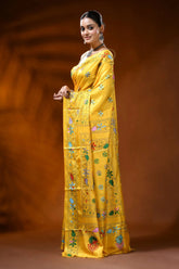 Mustard yellow silk kantha stitch saree with handmade paisley design 3