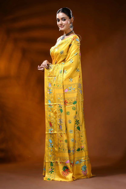 Mustard yellow silk kantha stitch saree with handmade paisley design 3