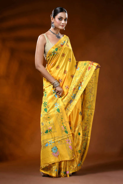 Mustard yellow silk kantha stitch saree with handmade paisley design 4