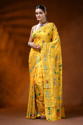 Mustard yellow silk kantha stitch saree with handmade paisley design 6