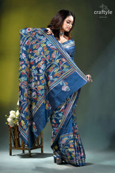Muted blue exclusive bird design handcrafted kantha silk saree woman wears deep blue silk 5