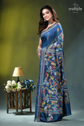 Muted blue exclusive bird design handcrafted kantha silk saree rich navy blue silk saree 3