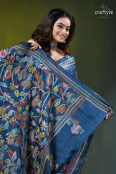 Muted blue exclusive bird design handcrafted kantha silk saree vibrant blue silk saree adorned 2