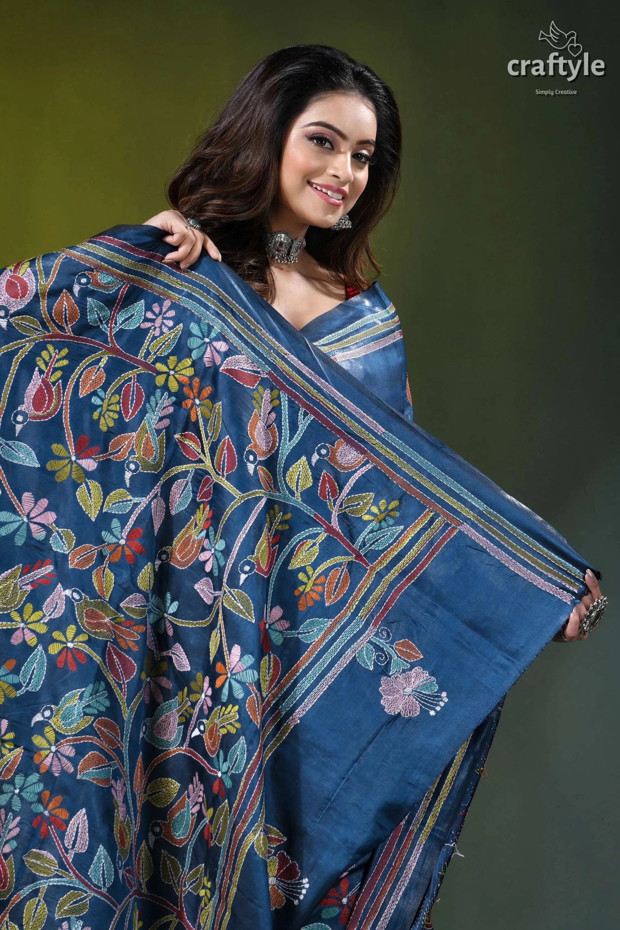 Muted blue exclusive bird design handcrafted kantha silk saree vibrant blue silk saree adorned 2