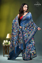 Muted blue exclusive bird design handcrafted kantha silk saree navy blue silk saree adorned 4