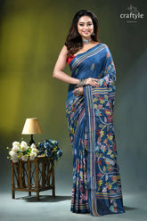 Muted blue exclusive bird design handcrafted kantha silk saree woman wears navy blue silk 1