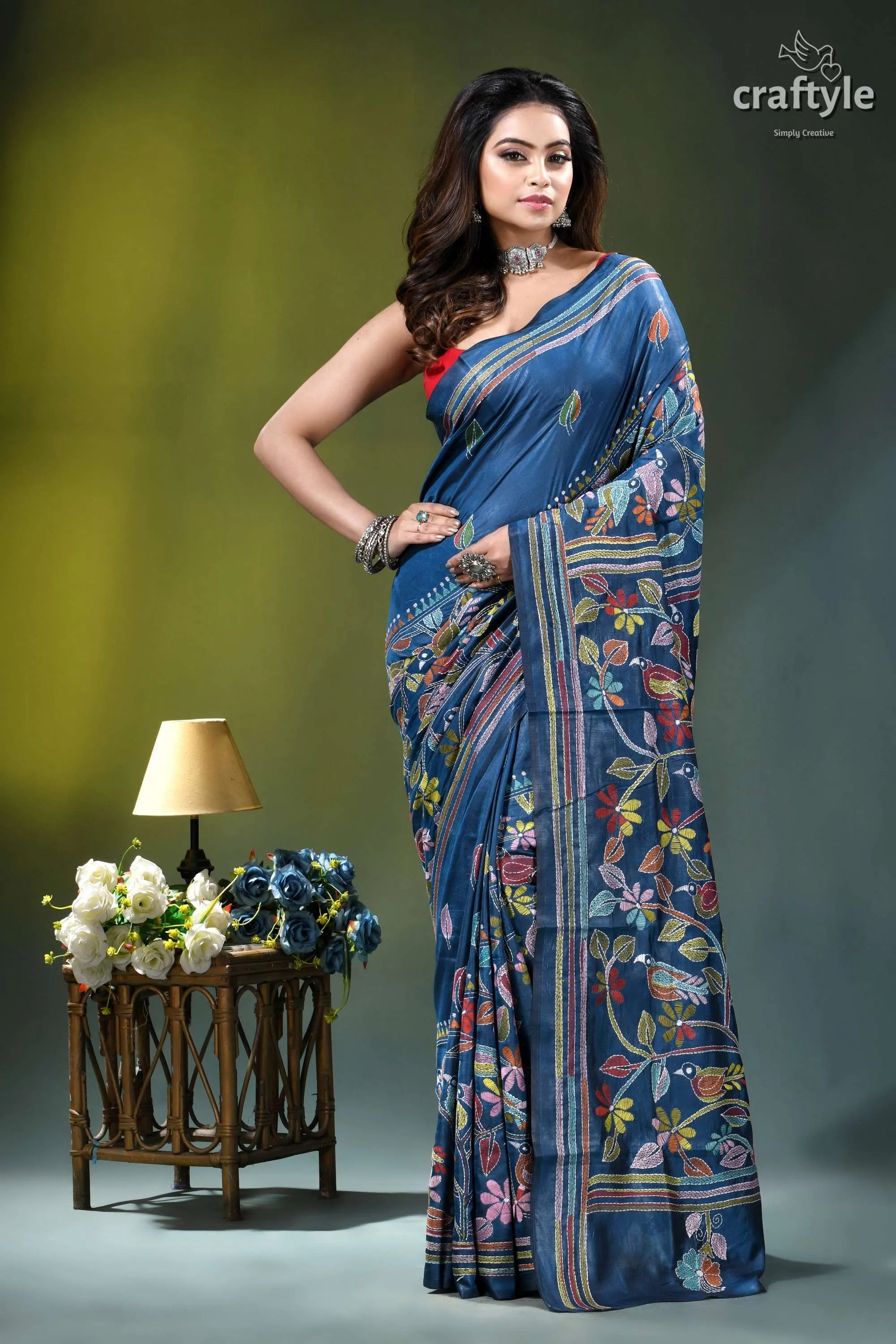 Muted blue exclusive bird design handcrafted kantha silk saree woman wears navy blue silk 7