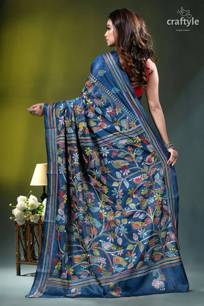 Muted blue exclusive bird design handcrafted kantha silk saree woman wears deep blue silk 6