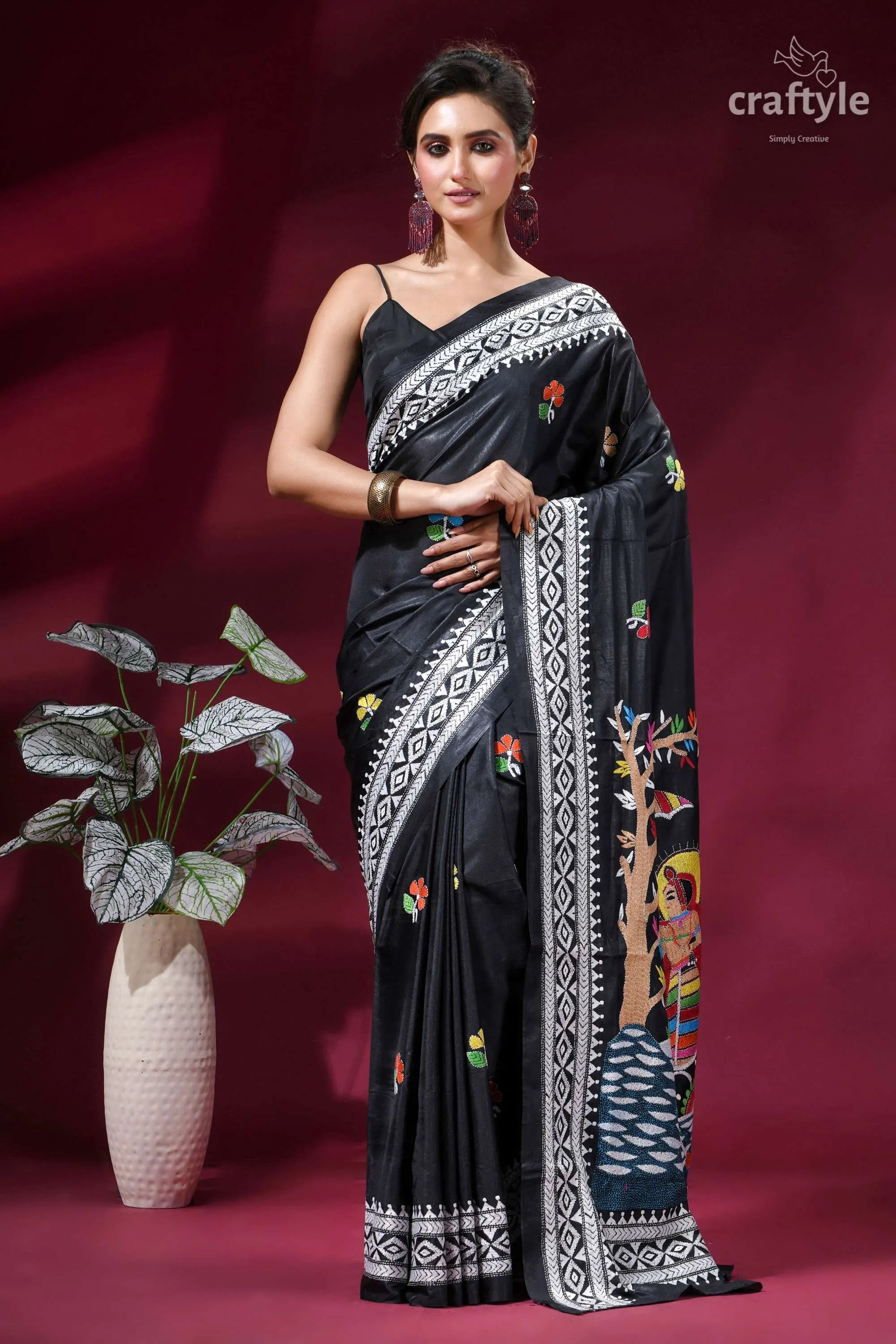 Mythology theme handcrafted kantha silk saree in almost black black silk saree intricate white 6
