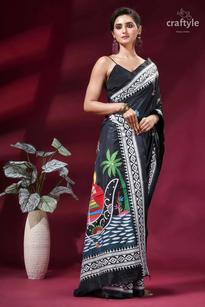Mythology theme handcrafted kantha silk saree in almost black black silk saree intricate white 5