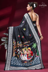 Mythology theme handcrafted kantha silk saree in almost black black silk saree intricate white 4