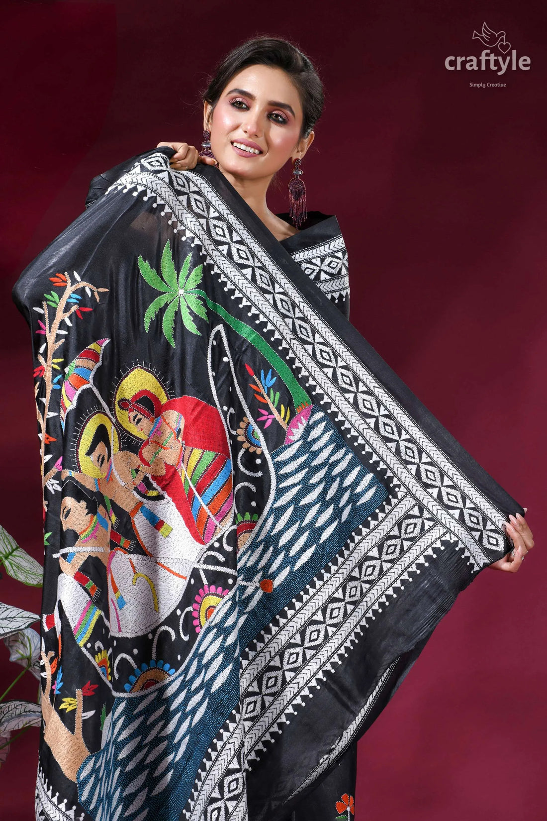 Mythology theme handcrafted kantha silk saree in almost black black silk saree vibrant colorful 2